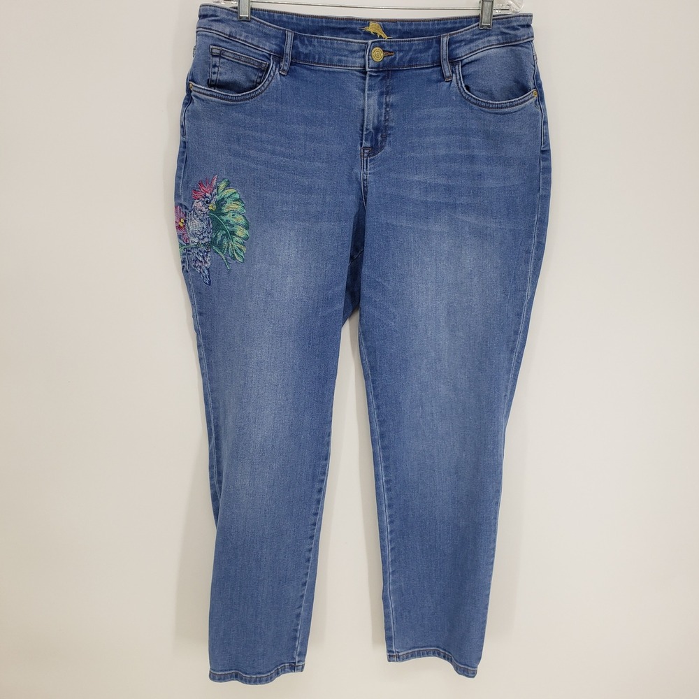 Tommy Bahama Embroidered Parrot Slim Boyfriend Jeans Womens 33 x29 Blue Tropical